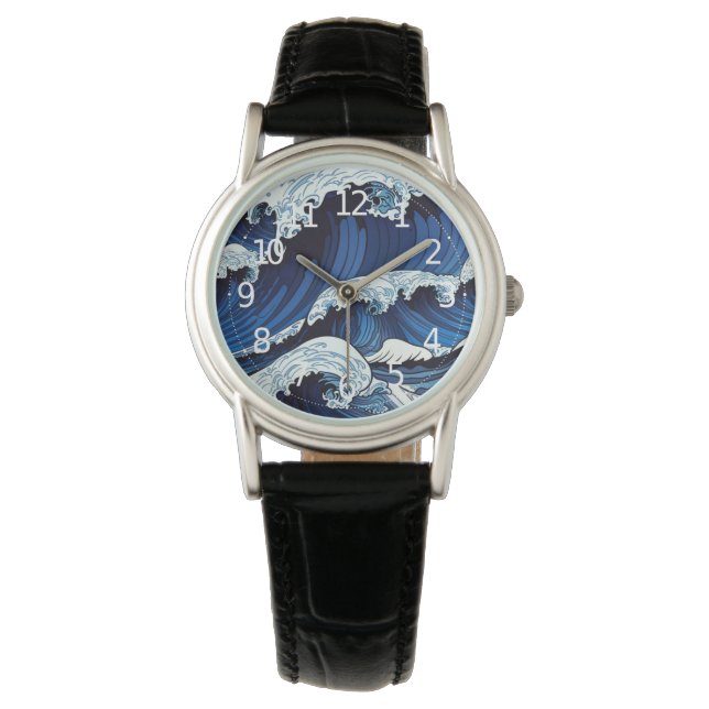 Abstracte blauwe oceaangolven Japans stijlkunstwer Horloge (Voorkant)