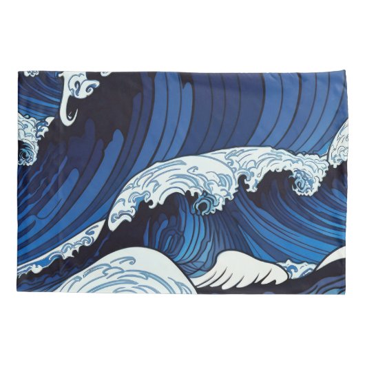 Abstracte blauwe oceaangolven Japans stijlkunstwer Kussensloop (Achterkant-Links)