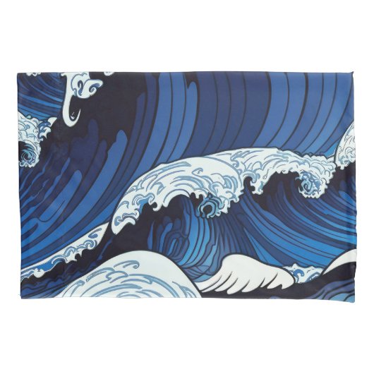 Abstracte blauwe oceaangolven Japans stijlkunstwer Kussensloop (Voorkant-Links)