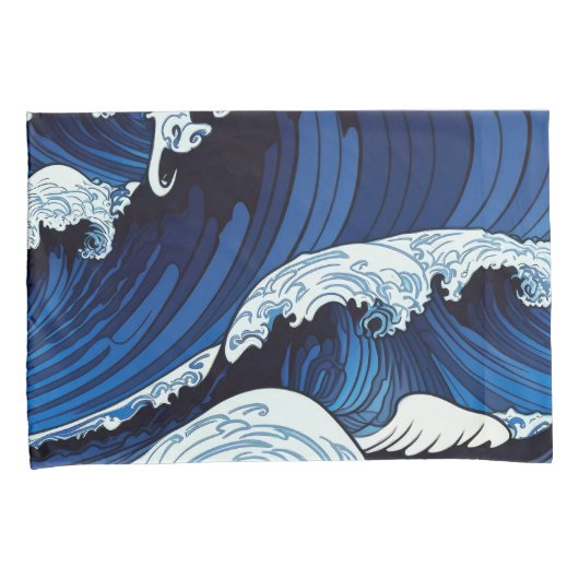 Abstracte blauwe oceaangolven Japans stijlkunstwer Kussensloop (Voorkant-Rechts)