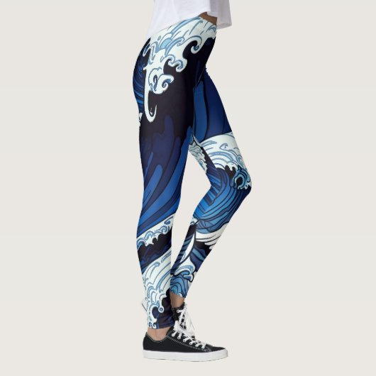 Abstracte blauwe oceaangolven Japans stijlkunstwer Leggings (Rechts)