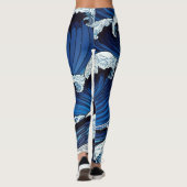 Abstracte blauwe oceaangolven Japans stijlkunstwer Leggings (Achterkant)