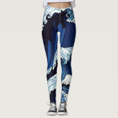 Abstracte blauwe oceaangolven Japans stijlkunstwer Leggings (Voorkant)