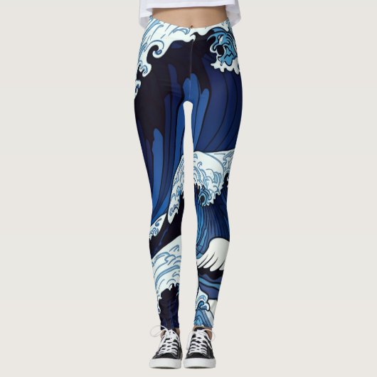 Abstracte blauwe oceaangolven Japans stijlkunstwer Leggings (Voorkant)