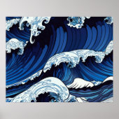 Abstracte blauwe oceaangolven Japans stijlkunstwer Poster (Voorkant)