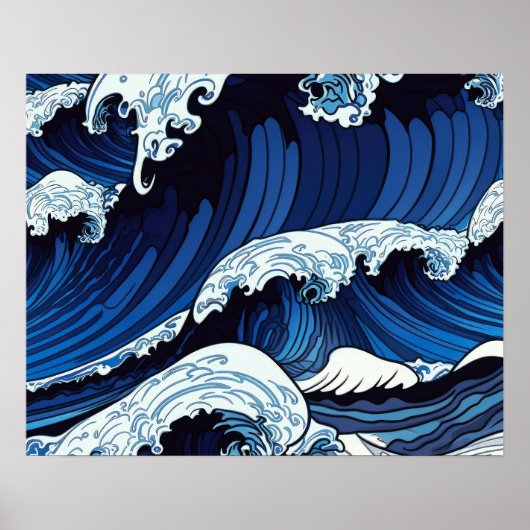 Abstracte blauwe oceaangolven Japans stijlkunstwer Poster (Voorkant)