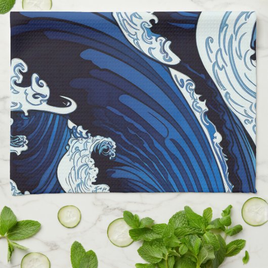 Abstracte blauwe oceaangolven Japans stijlkunstwer Theedoek (Gevouwen)