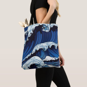 Abstracte blauwe oceaangolven Japans stijlkunstwer Tote Bag
