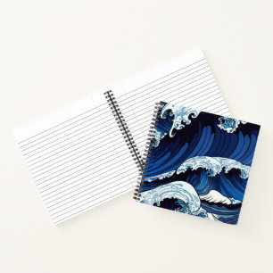 Abstracte blauwe oceaangolven Japanse stijl kunstw Notitieboek