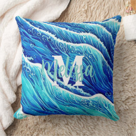 Abstracte Blauwe Oceaangolven Monogrammen Kussen