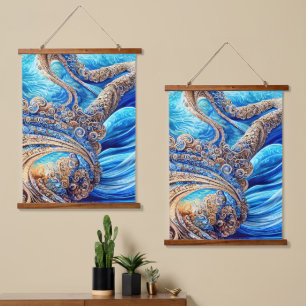 Abstracte blauwe oceaangolven surrealistisch kuns hangend wandkleed