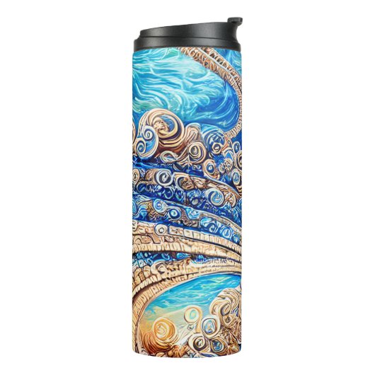 Abstracte blauwe oceaangolven  surrealistisch kuns thermosbeker (Gedraaid links)