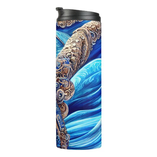 Abstracte blauwe oceaangolven  surrealistisch kuns thermosbeker (Geroteerd rechts)