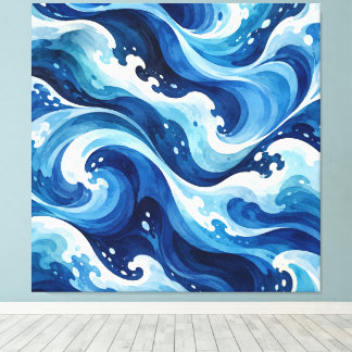 Abstracte Blauwe Oceaangolven Watercolor Kust Thro Canvas Afdruk