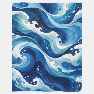 Abstracte Blauwe Oceaangolven Watercolor Kust Thro Fleece Deken
