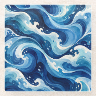 Abstracte Blauwe Oceaangolven Watercolor Kust Thro Glazen Onderzetter