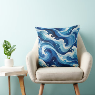 Abstracte Blauwe Oceaangolven Watercolor Kust Thro Kussen