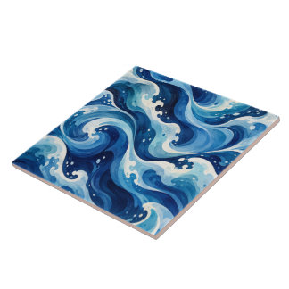 Abstracte Blauwe Oceaangolven Watercolor Kust Thro Tegeltje