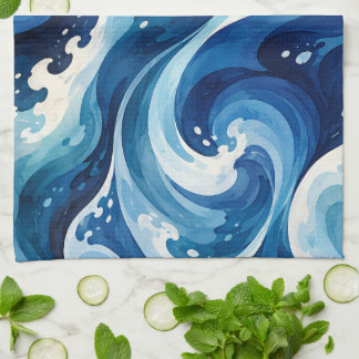 Abstracte Blauwe Oceaangolven Watercolor Kust Thro Theedoek