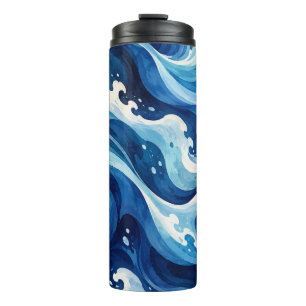 Abstracte Blauwe Oceaangolven Watercolor Kust Thro Thermosbeker