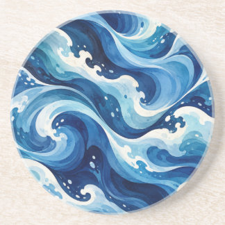 Abstracte Blauwe Oceaangolven Watercolor Kust Thro Zandsteen Onderzetter