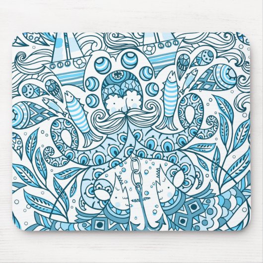 Abstracte blauwe oceaanoctopus muismat (Voorkant)