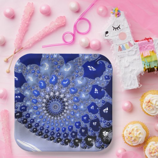 Abstracte Blauwe Ombre Fractal Bubbles Papieren Bordje (Feest)