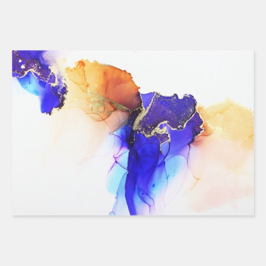 Abstracte blauwe Oranje goudalcoholinkt Inpakpapier Vel (Voorkant 2)