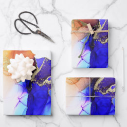 Abstracte blauwe Oranje goudalcoholinkt Inpakpapier Vel