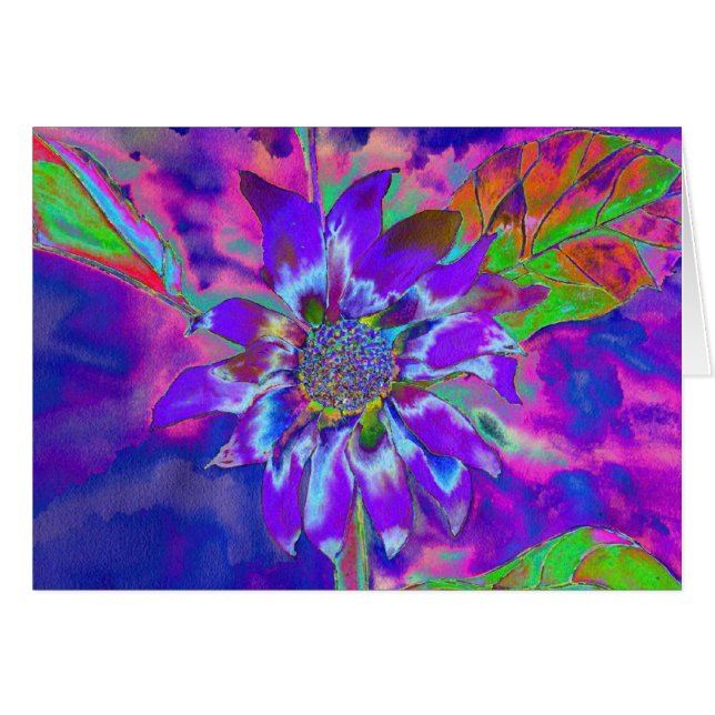 Abstracte blauwe paarse zonnebloem | retro funky (Voorkant Horizontaal)