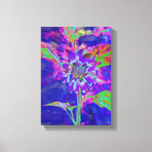 Abstracte blauwe paarse zonnebloem   retro funky canvas afdruk