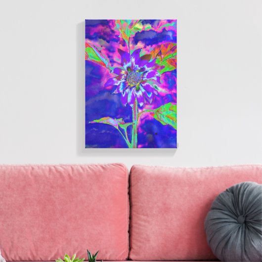 Abstracte blauwe paarse zonnebloem | retro funky canvas afdruk (Insitu (Woonkamer))