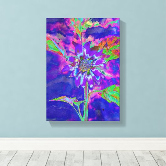 Abstracte blauwe paarse zonnebloem | retro funky canvas afdruk (Insitu (Houten vloer))