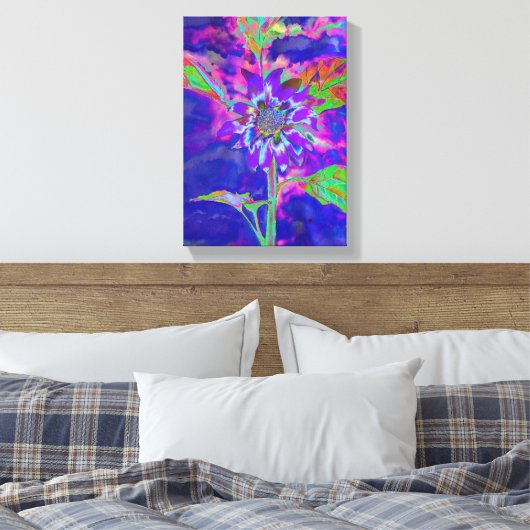 Abstracte blauwe paarse zonnebloem | retro funky canvas afdruk (Insitu (Slaapkamer))