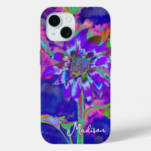 Abstracte blauwe paarse zonnebloem   retro funky iPhone 15 case