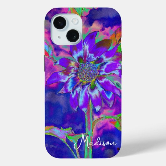 Abstracte blauwe paarse zonnebloem | retro funky Case-Mate iPhone case (Achterkant)