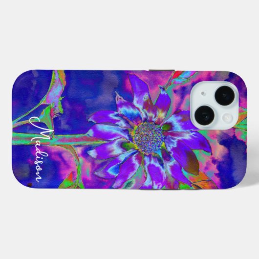 Abstracte blauwe paarse zonnebloem | retro funky Case-Mate iPhone case (Achterkant (horizontaal))