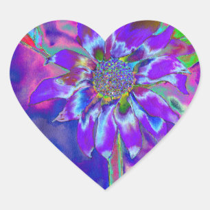 Abstracte blauwe paarse zonnebloem retro funky hart sticker