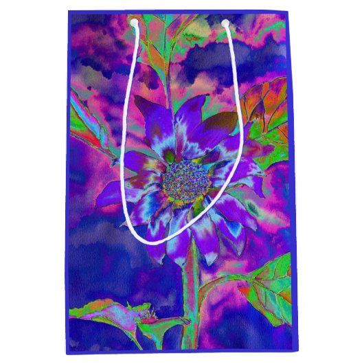 Abstracte blauwe paarse zonnebloem | retro funky medium cadeauzakje (Voorkant)