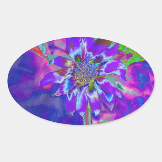 Abstracte blauwe paarse zonnebloem | retro funky ovale sticker (Voorkant)