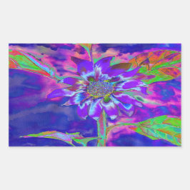 Abstracte blauwe paarse zonnebloem | retro funky rechthoekige sticker