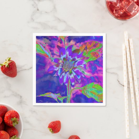 Abstracte blauwe paarse zonnebloem | retro funky servetten (Insitu)