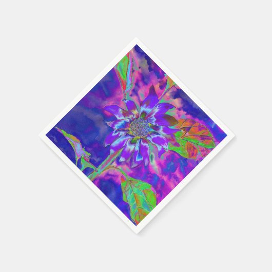 Abstracte blauwe paarse zonnebloem | retro funky servetten (Hoek)