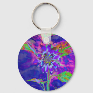 Abstracte blauwe paarse zonnebloem   retro funky sleutelhanger