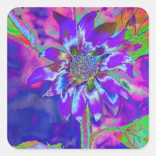 Abstracte blauwe paarse zonnebloem | retro funky vierkante sticker (Voorkant)