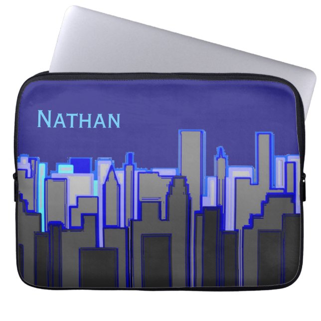 Abstracte Blauwe Stadssilhouet Kunst Persoonlijk Laptop Sleeve (Voorkant)