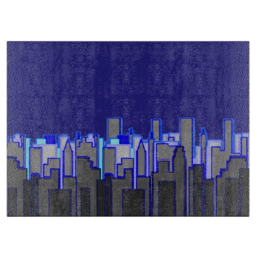 Abstracte Blauwe Stadssilhouet Kunst Snijplank (Voorkant)