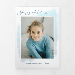 Abstracte Blauwe Swash, Moderne Typografie & Foto Drieluik Wenskaart