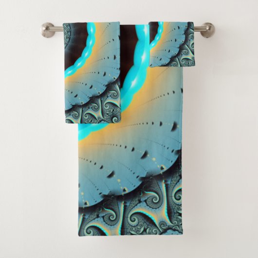 Abstracte blauwe turquoise oranje fractale kunst s bad handdoek (Insitu)