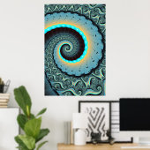 Abstracte blauwe turquoise oranje fractale kunst s poster (Thuiskantoor)